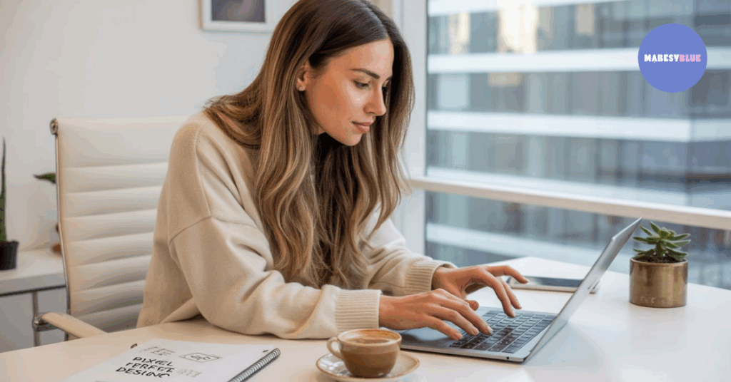 A graphic designer writing a blog on her laptop